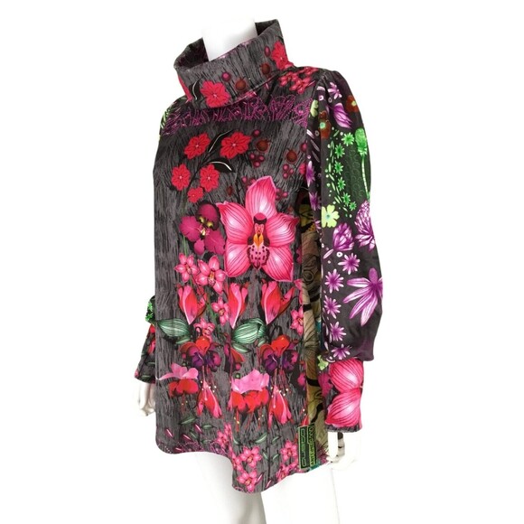 Custo Barcelona Dress sz 4 Velvet Velour Turtleneck Puff Long Sleeve Floral Y2K - Picture 5 of 16